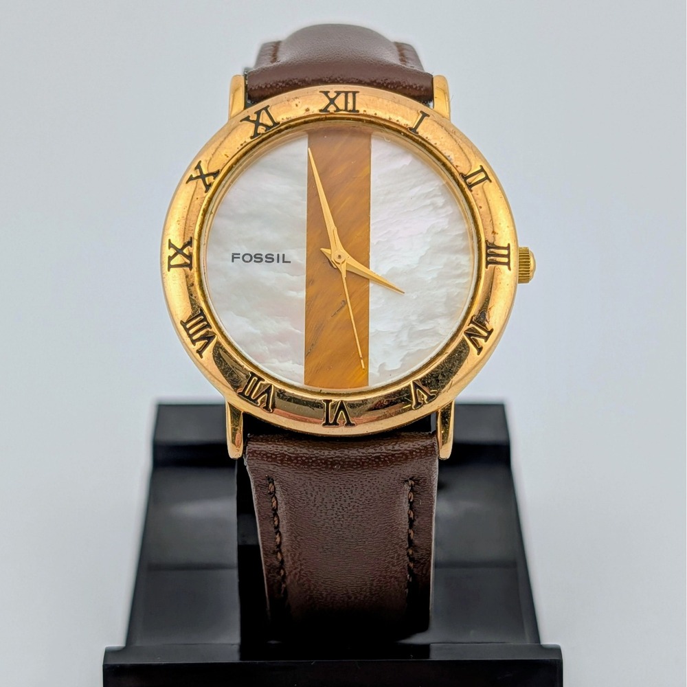 Fossil SC-5442 Tiger Eye Mother of Pearl Roman Bezel Quartz Watch 34mm
